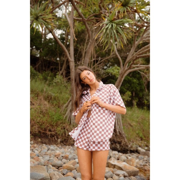 Araminta James Tops - Araminta James Terry Button Down Short Sleeve Shirt Retro Check Brown Size XS